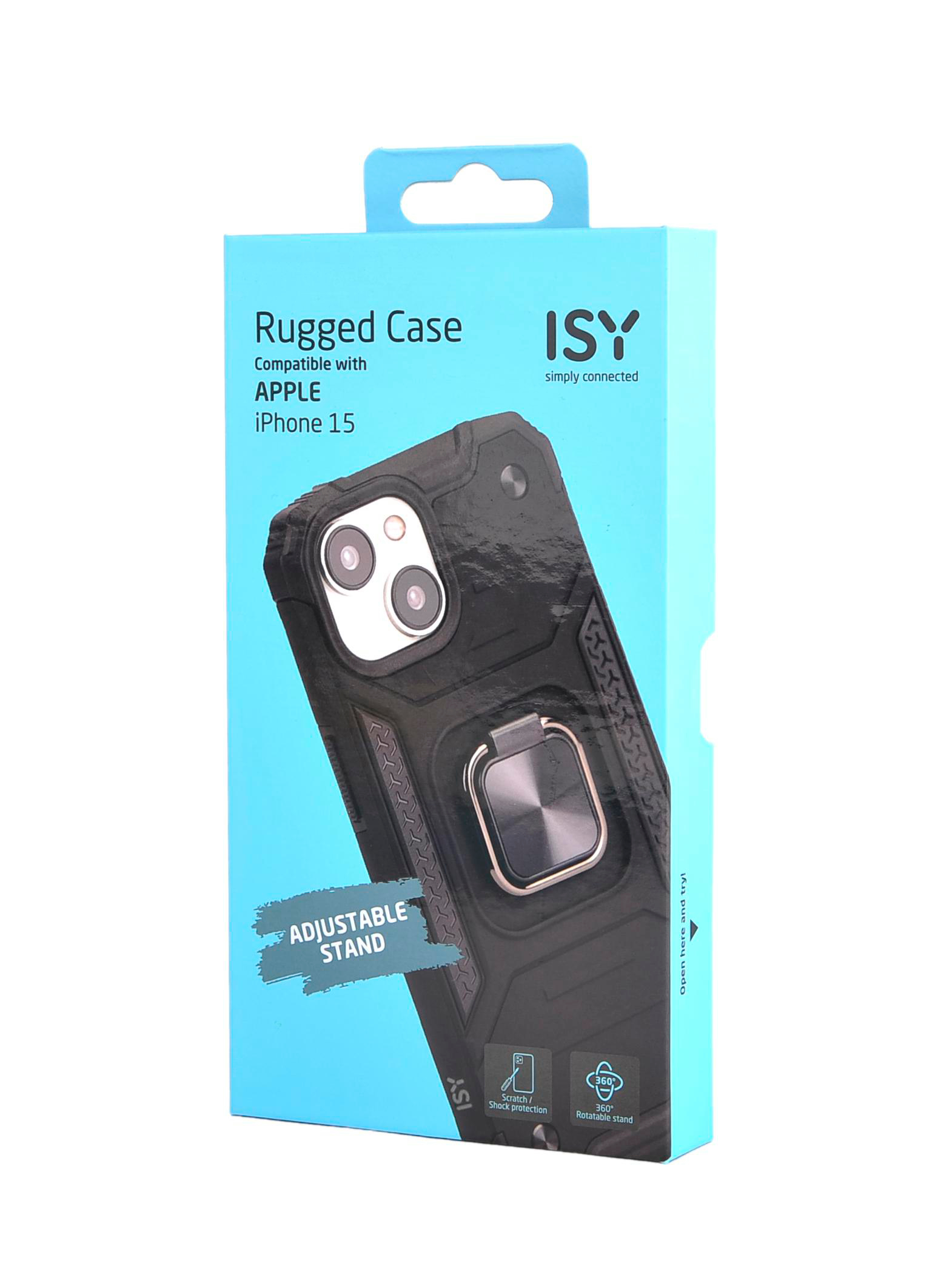 Eine Telefonhüllenbox mit „Rugged Case“ und „iPhone 15“. Sie ist schwarz und blau. Oben befindet sich ein Griff.