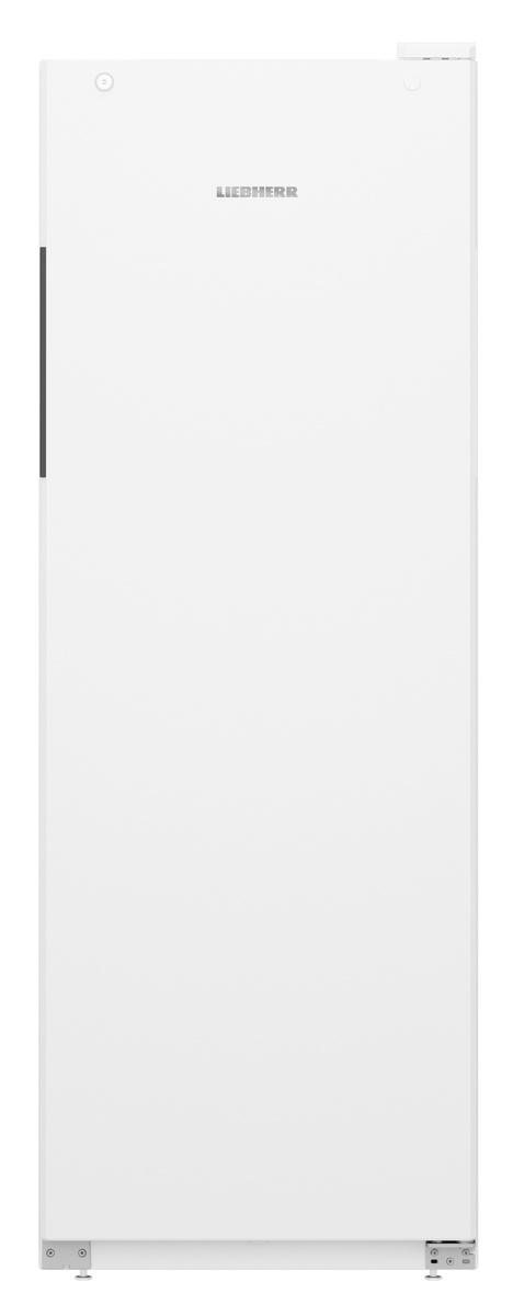 Weißer Kühlschrank mit einer Tür, Liebherr-Logo oben. Hohes und schlankes Design.