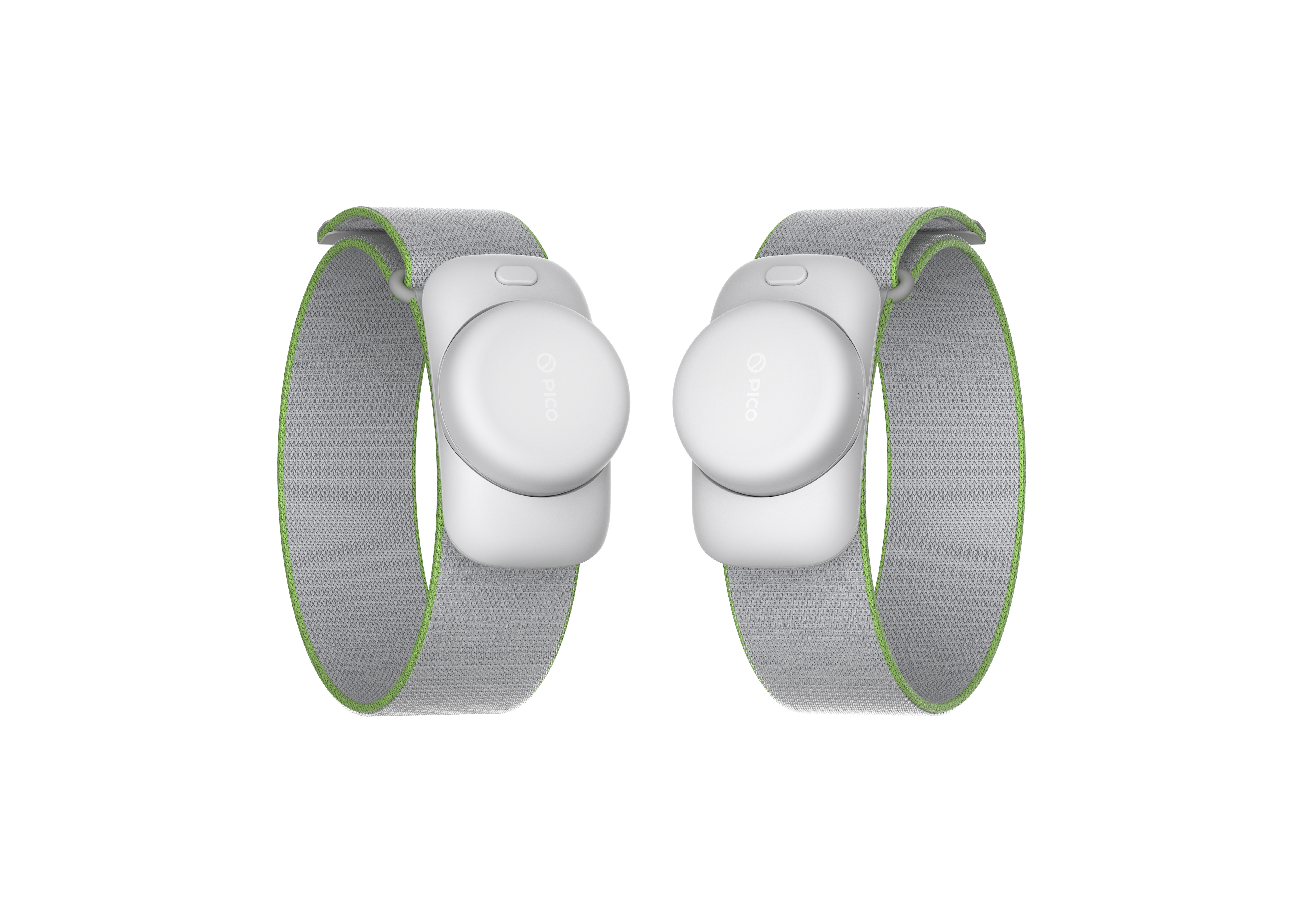 Zwei weiße Pico Wearables an grauen und grünen Bändern.