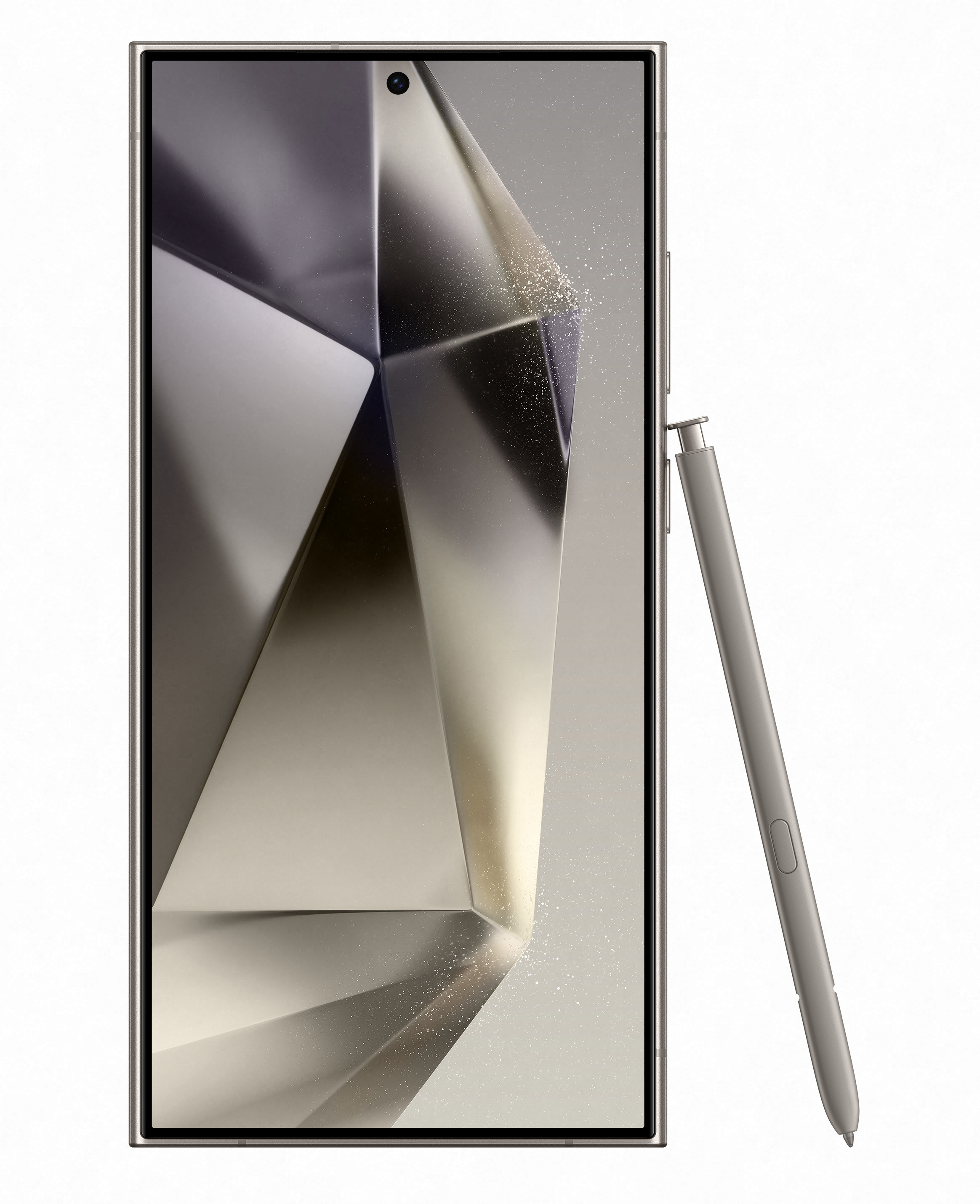 Smartfon z rysikiem. Ekran wyświetla geometryczny wzór. Rysik opiera się o telefon.