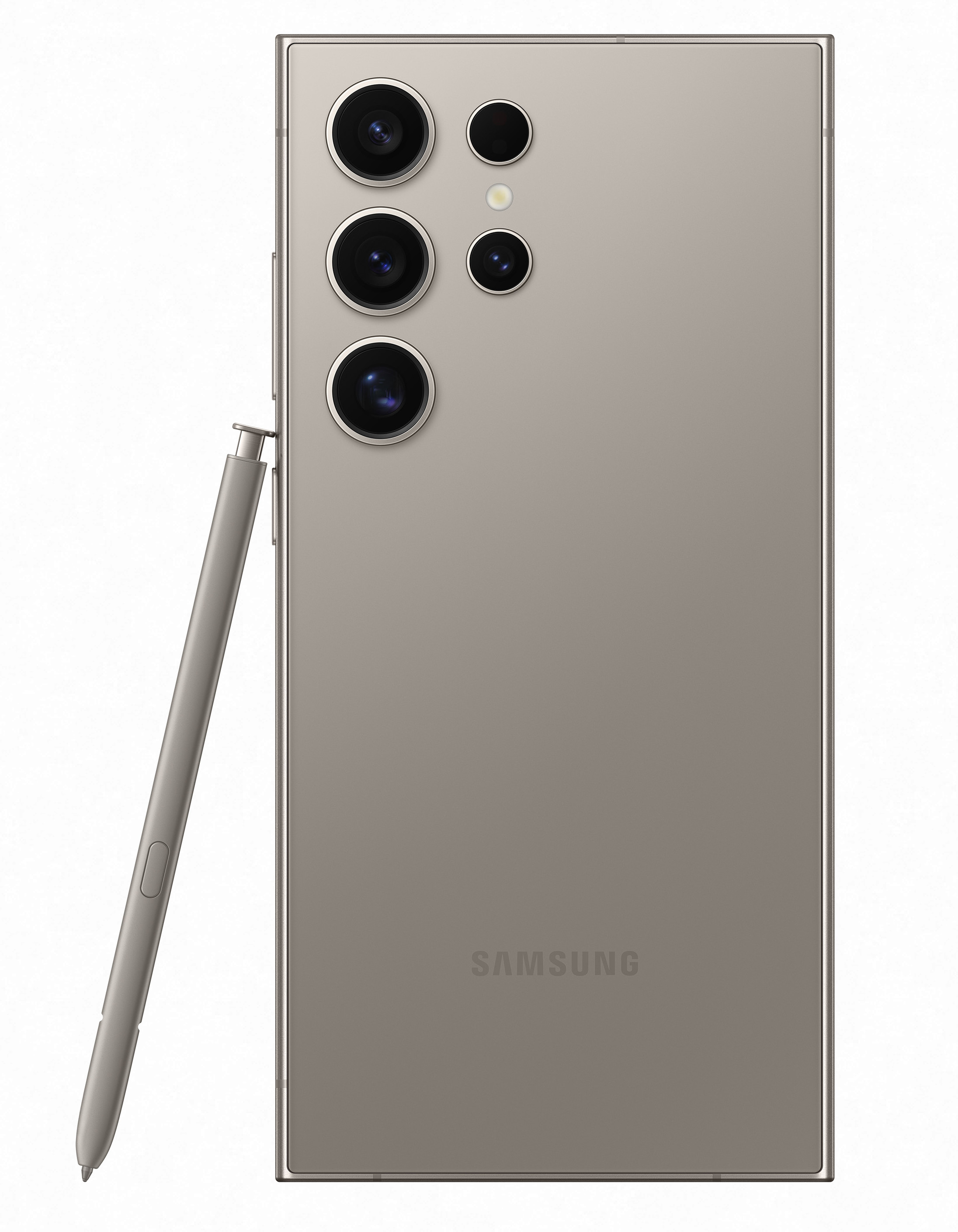 Beżowy smartfon z wieloma tylnymi aparatami i rysikiem. Widoczne logo Samsung.