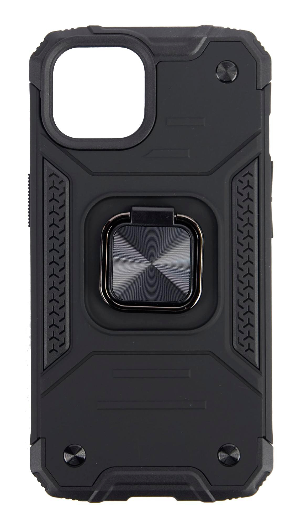 Eine schwarze Handyhülle mit Ringhalter, strukturiertem Design und quadratischem Kameraausschnitt.