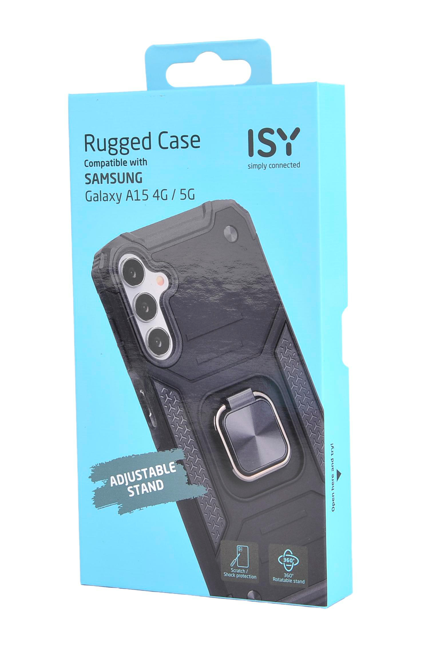 Eine hellblaue Schachtel für eine Rugged Case, kompatibel mit Samsung Galaxy A15 4G/5G, mit einer schwarzen Hülle innen.
