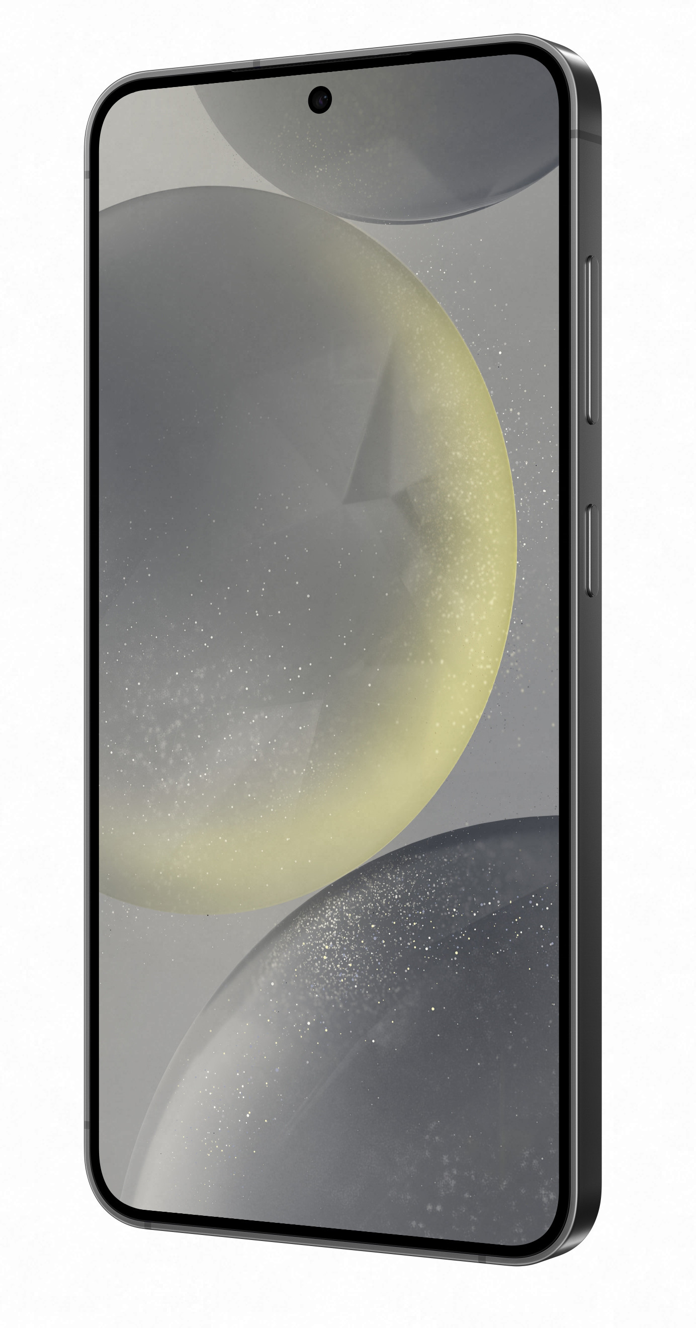 Widok z boku czarnego smartfona z ekranem pokazującym rozmyte tło. Posiada aparat.