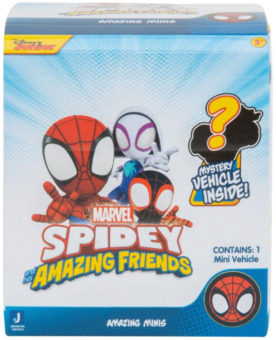 Spidey és a Csodálatos Barátai játékok doboza, Pókemberrel, Gwennel és Miles Morales-szel.