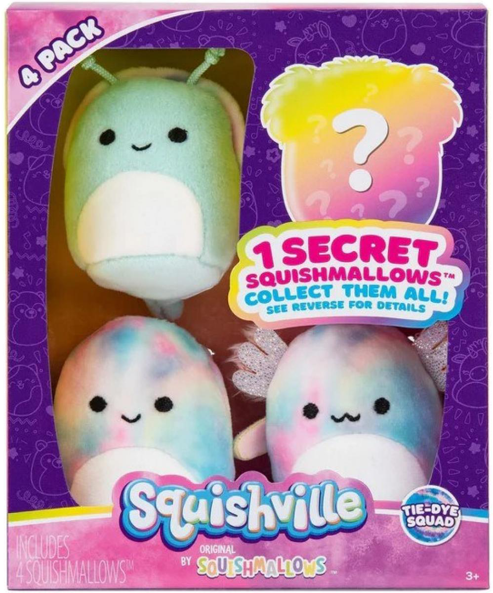 Egy csomag Squishmallows játék. A csomag 4 darabot ír, 3 látható, köztük egy titkos.