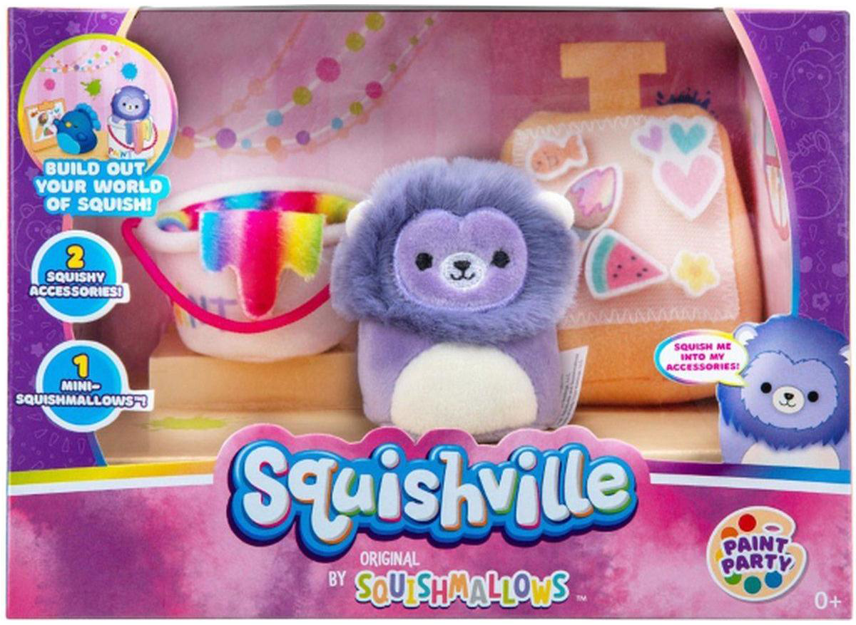 Squishville játékkészlet lila oroszlán plüssállattal és festési kiegészítőkkel.