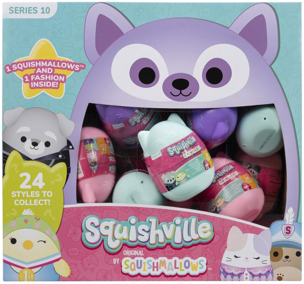 Squishville játékcsomag, többféle Squishmallows-szal, színes megjelenítésben.