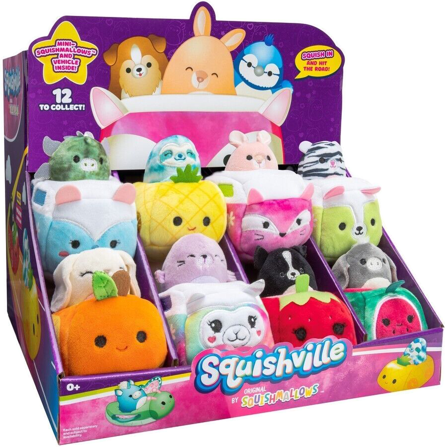 Squishville plüssjátékok doboza, különböző állatfigurákkal és szöveggel, fehér háttérrel.