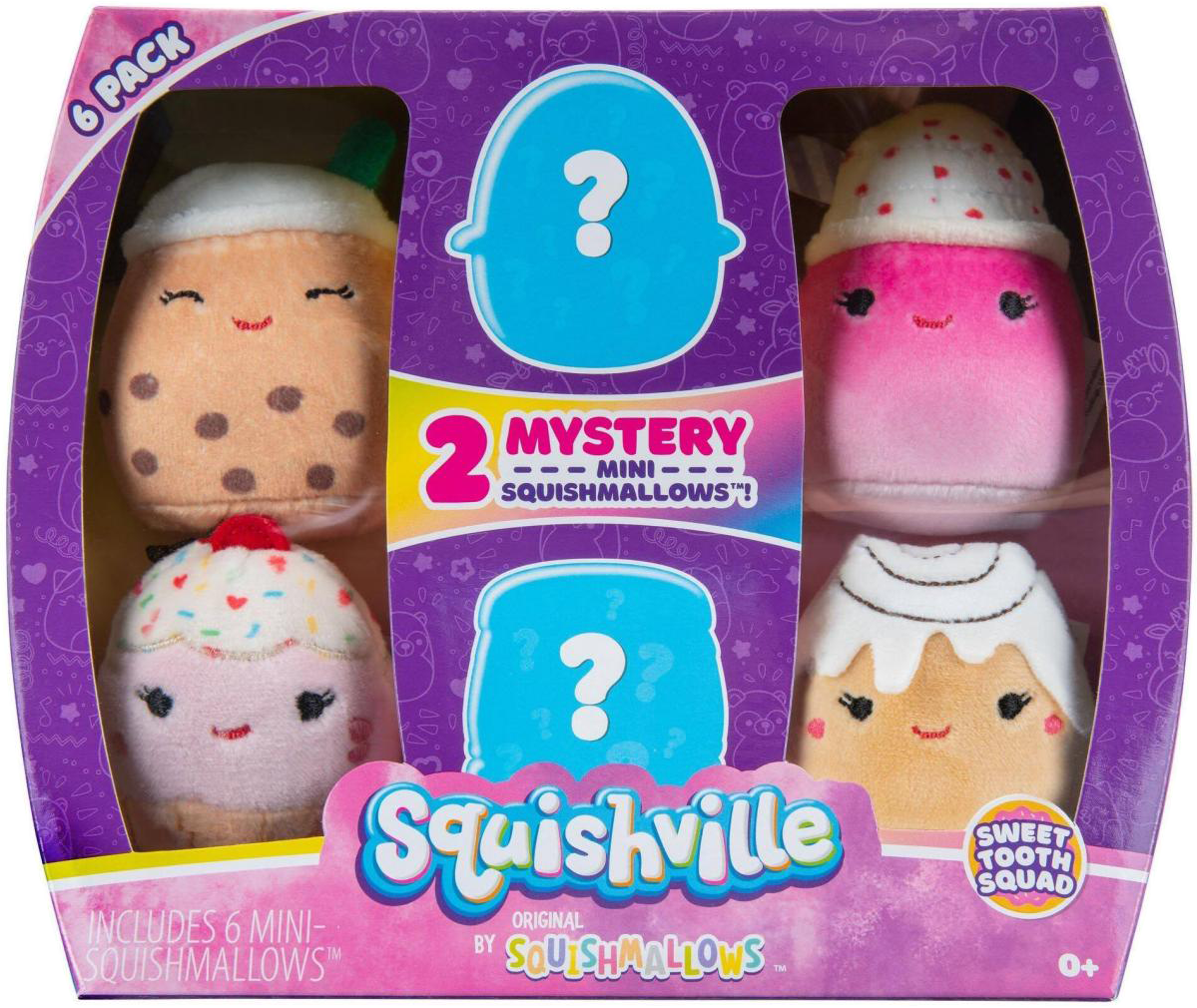Squishville dobozkészlet hat mini Squishmallows játékkal, köztük két rejtéllyel.