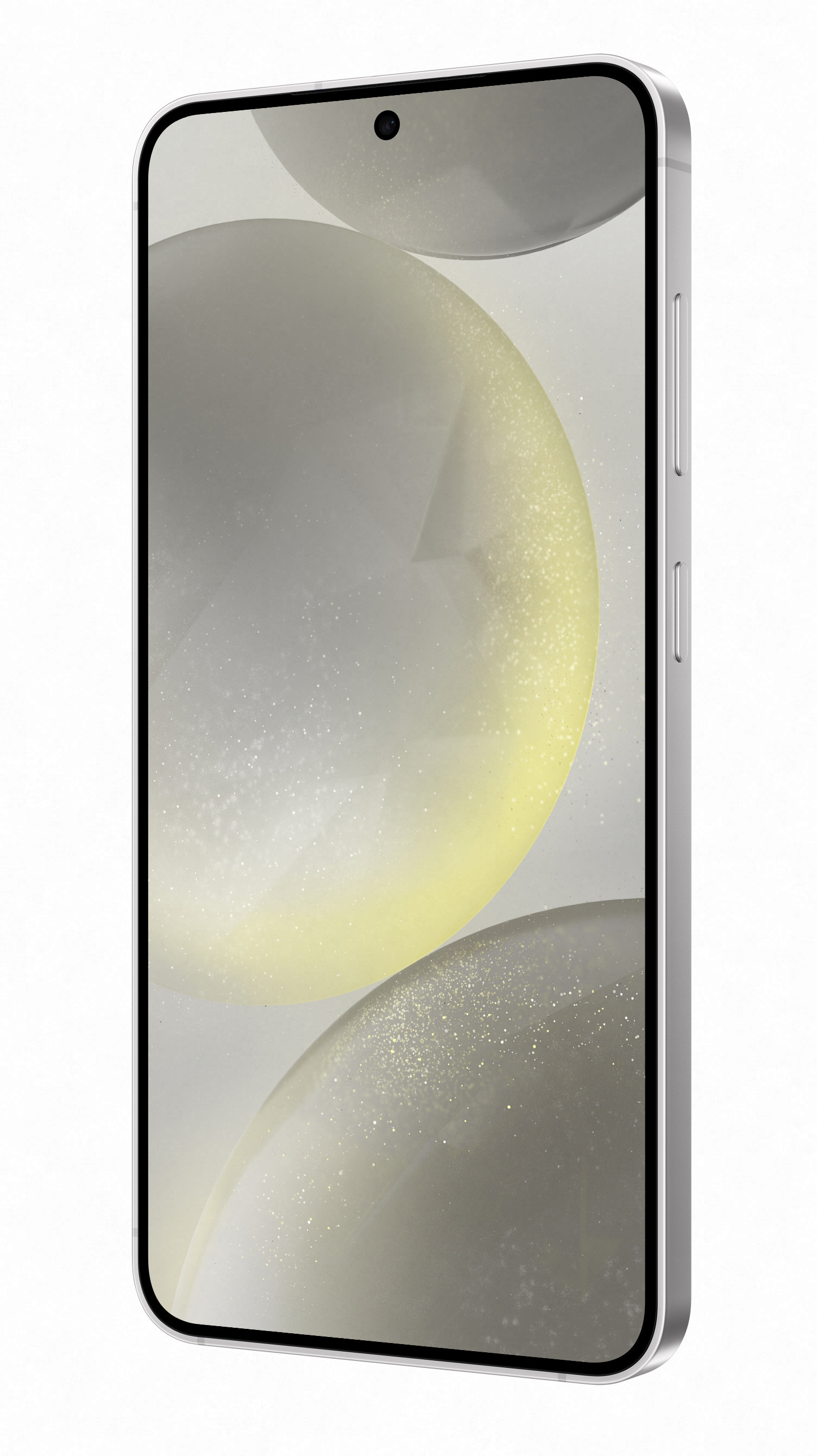 Srebrny smartfon z ekranem wyświetlającym abstrakcyjne żółte i szare kule.