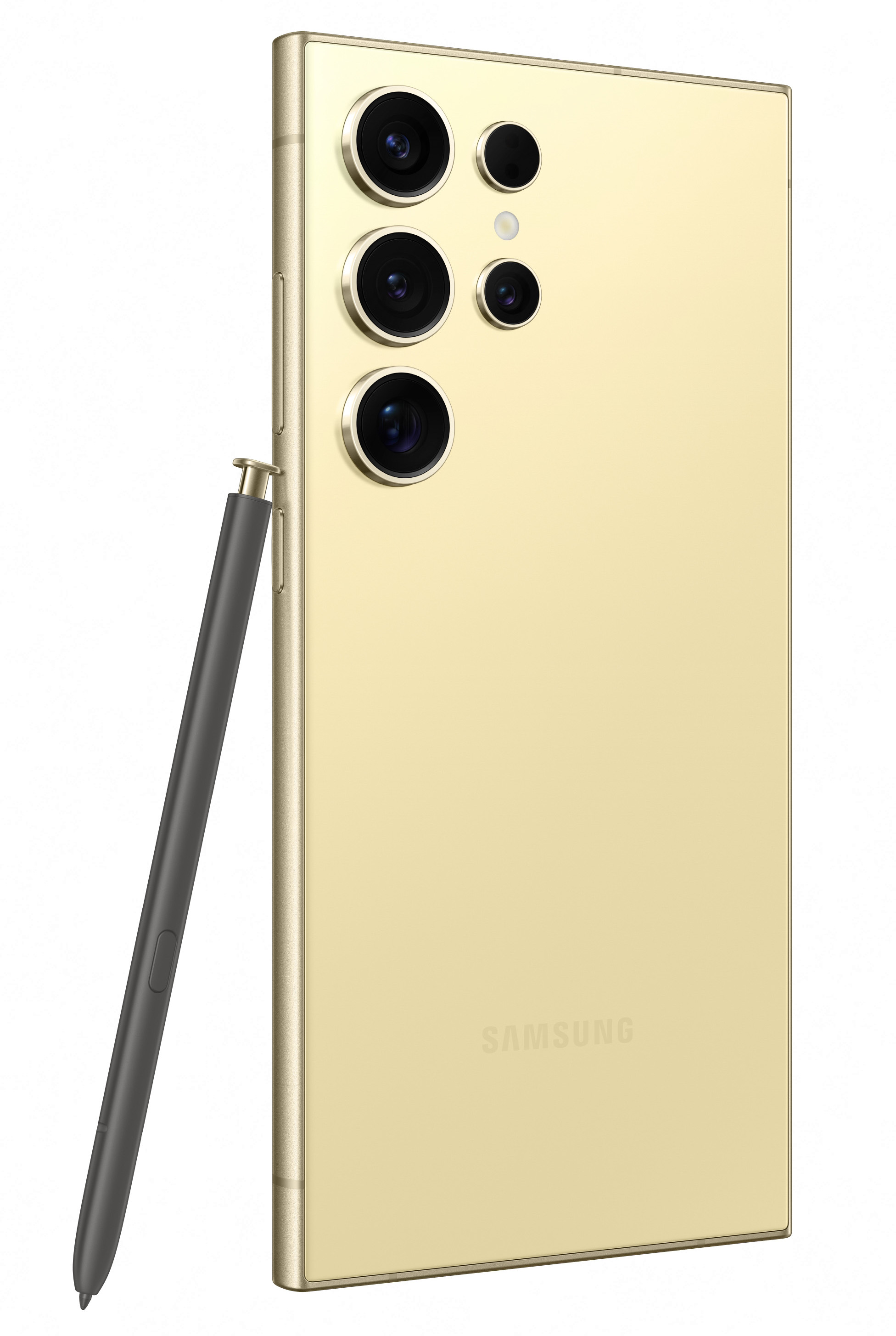 Złoty smartfon z rysikiem stoi pionowo. Telefon ma wiele obiektywów. Rysik jest ciemnoszary.