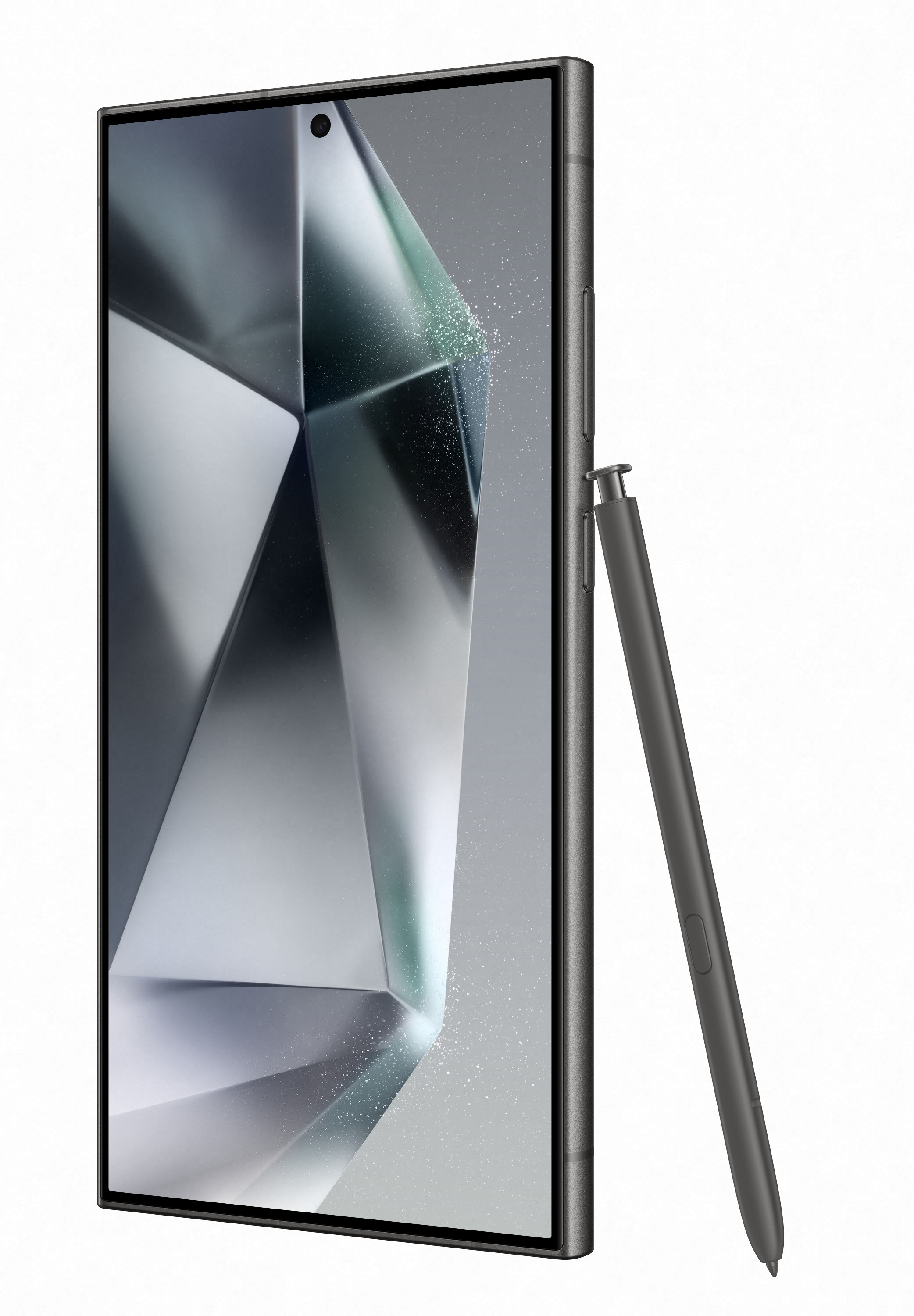 Srebrny telefon z rysikiem, oparty o tło z geometrycznymi kształtami.