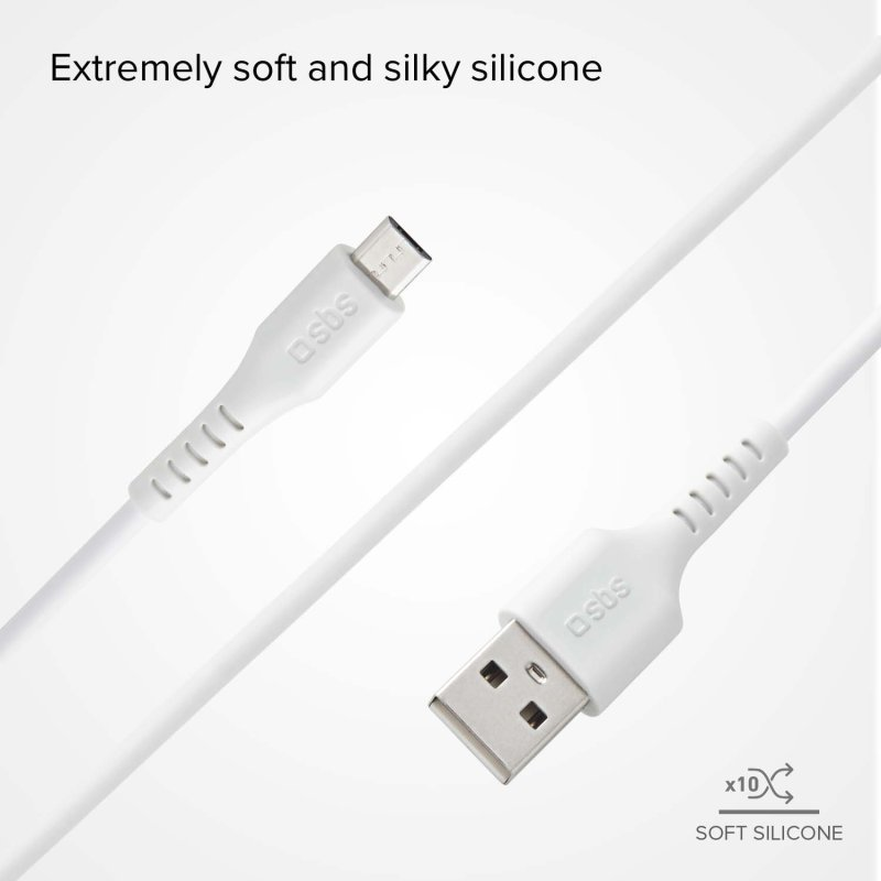 Weißes USB-zu-USB-C-Kabel mit weichem Silikon und sbs-Logo.