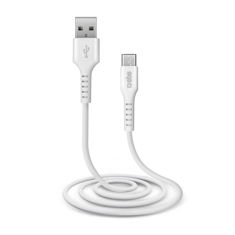 Ein weißes USB-Kabel, mit USB an einem Ende und Micro-USB am anderen. Es ist aufgerollt und auf weißem Hintergrund.