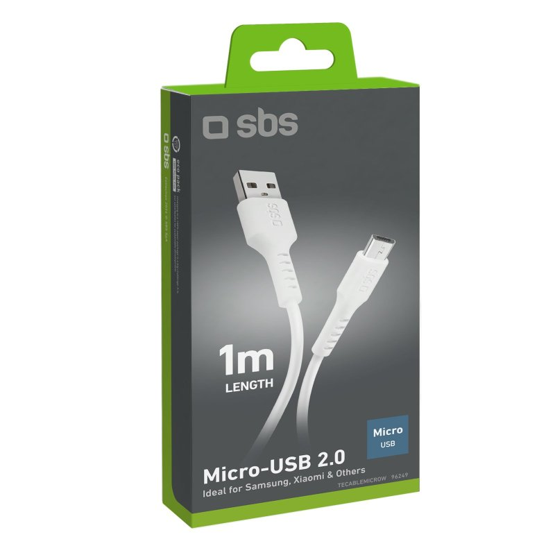 Eine weiße und grüne USB-Kabelbox. Auf der Box steht 'Micro-USB 2.0' und '1m LENGTH'.