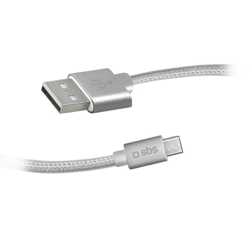 Ein silbernes USB-zu-Micro-USB-Kabel mit dem 'sbs'-Logo auf dem Micro-USB-Anschluss.