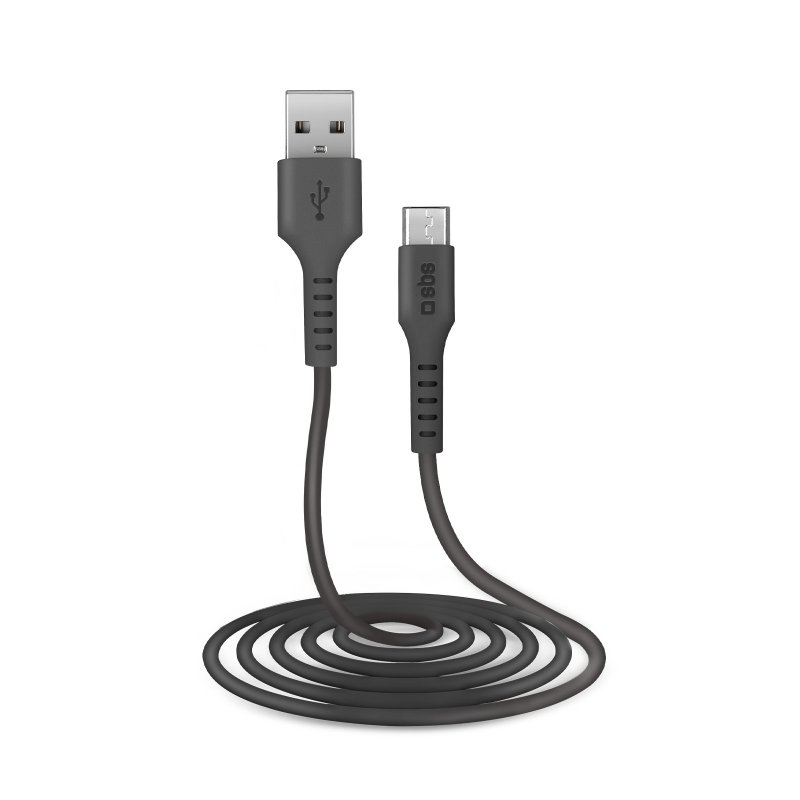 Schwarzes USB-zu-Micro-USB-Kabel auf weißem Hintergrund aufgerollt. Das SBS-Logo ist sichtbar.
