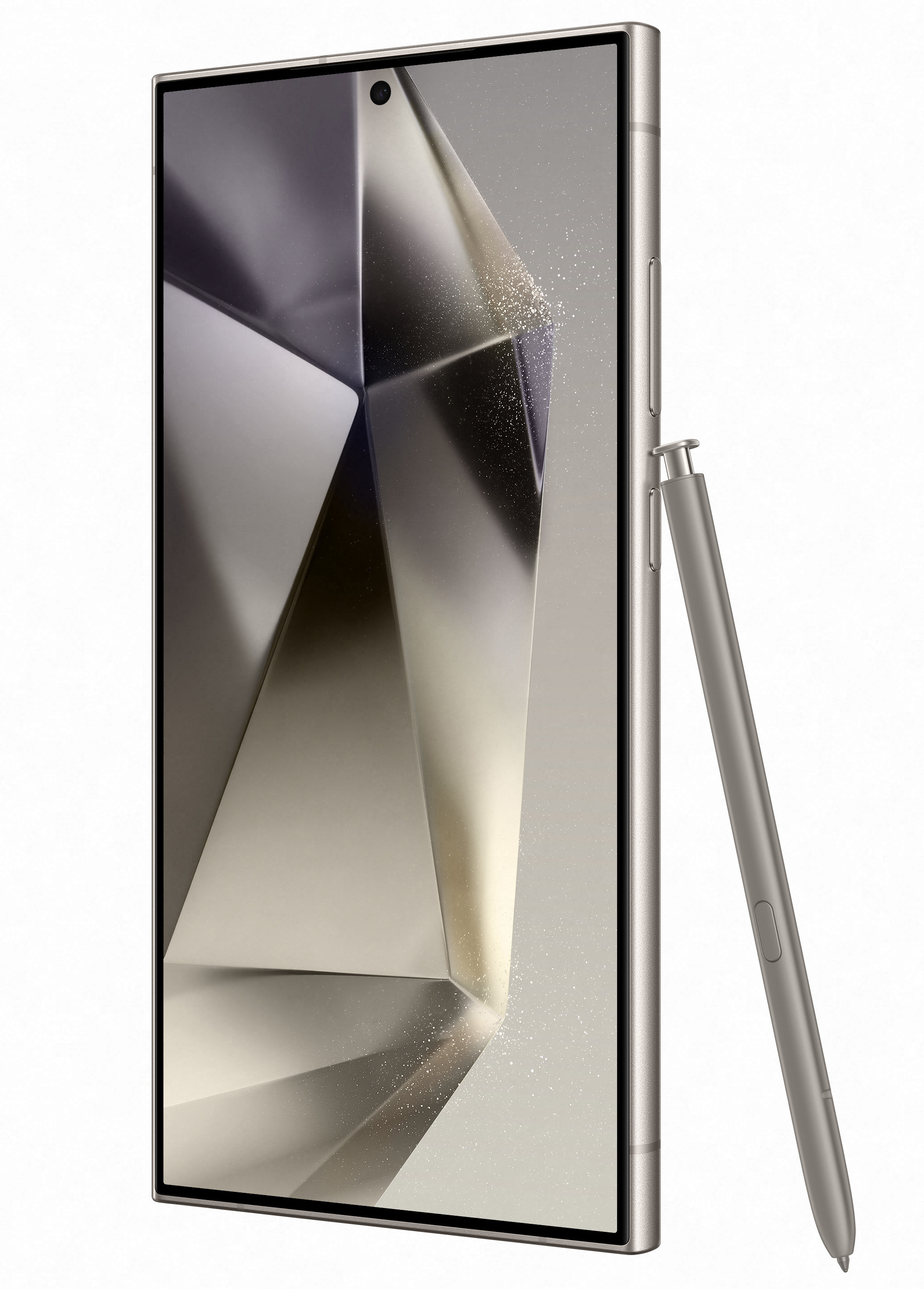 Srebrny smartfon z rysikiem. Ekran wyświetla abstrakcyjny, odblaskowy wzór.