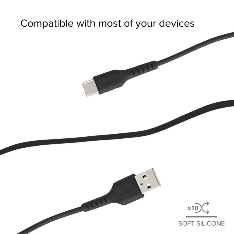 USB-C- und USB-A-Kabel. Text weist auf Kompatibilität und weiches Silikonmaterial hin.