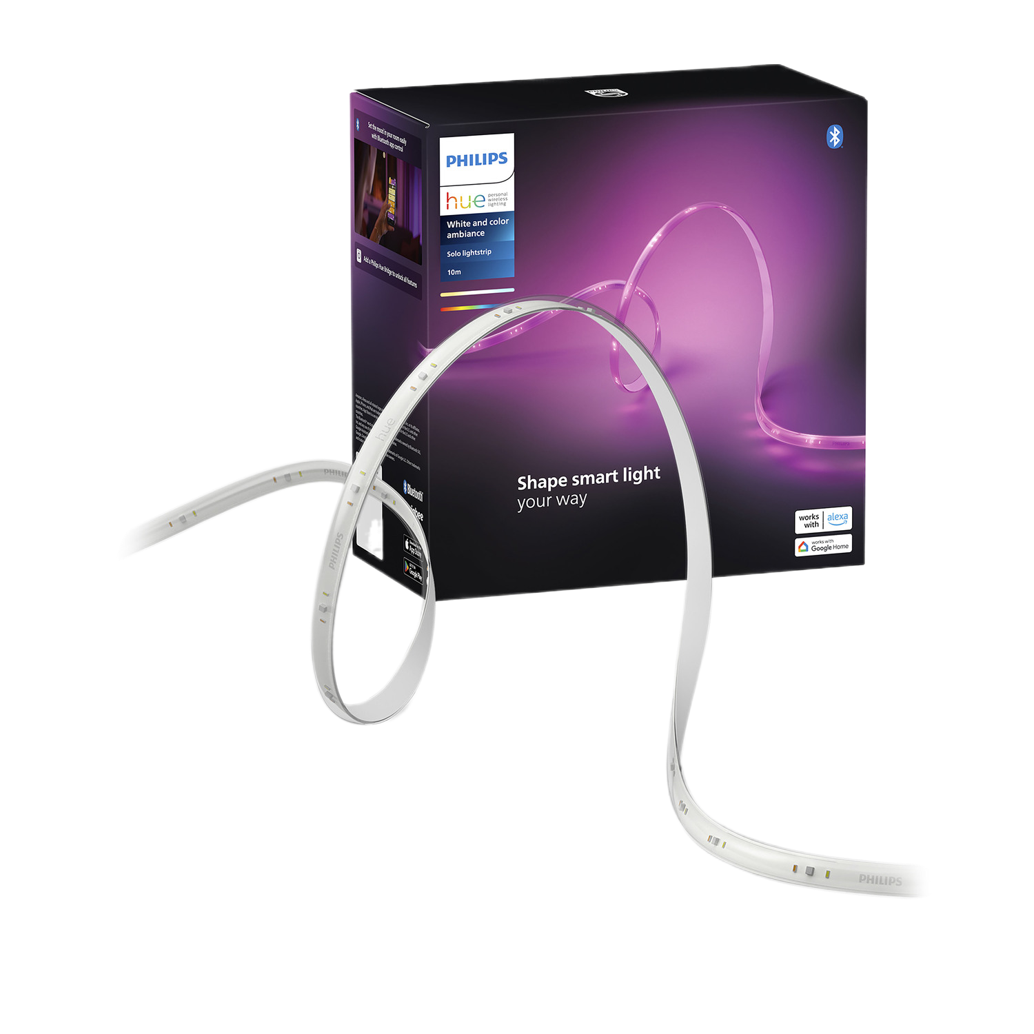 Een Philips Hue slimme lichtstrip in een doos. De strip is wit en gloeit roze.