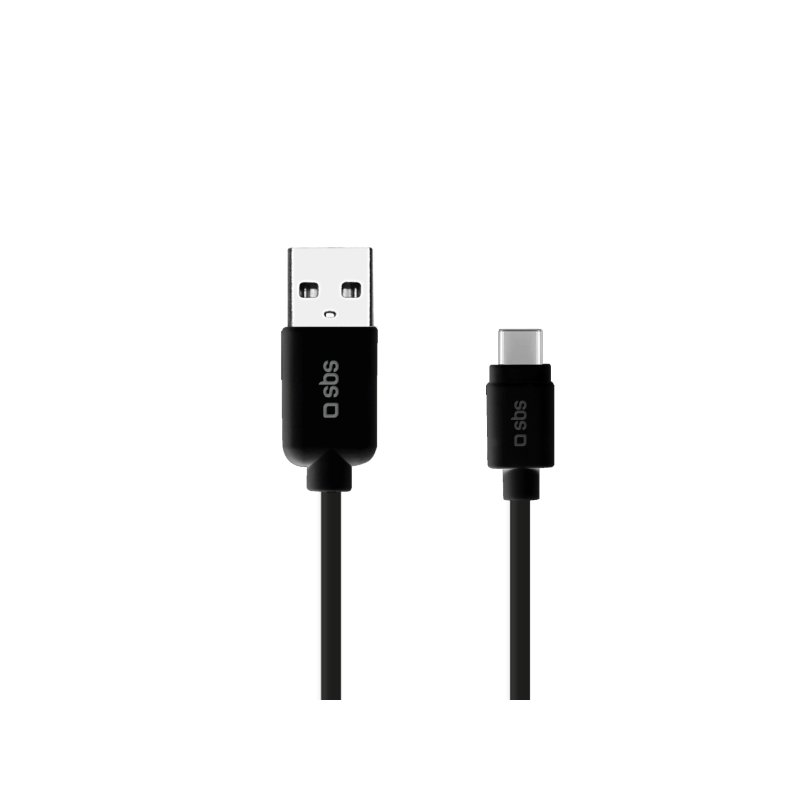 Ein schwarzes USB-zu-USB-C-Kabel mit SBS-Logos an beiden Enden, vor weißem Hintergrund.