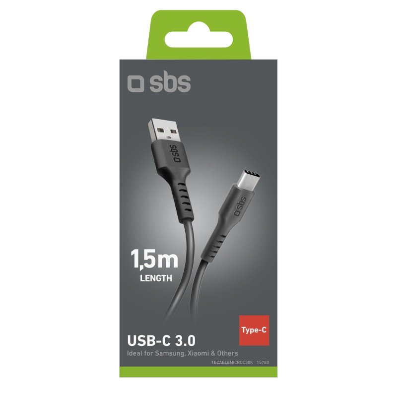 Schwarzes USB-C 3.0-Kabel mit grün-weißer Box, zeigt 'SBS' und '1,5m LENGTH'.