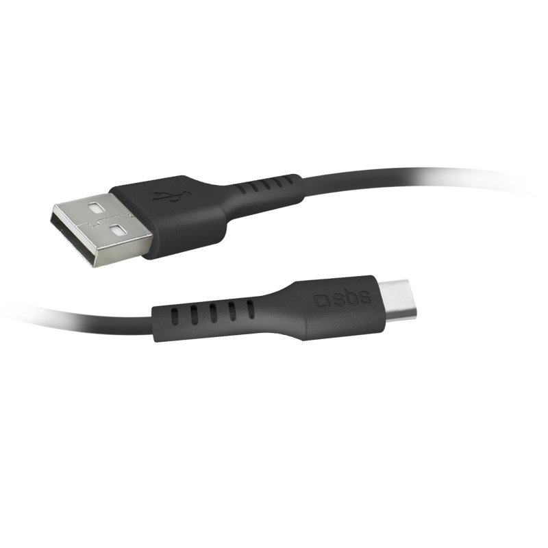 Schwarzes USB-C-Kabel. USB-Ende und USB-C-Ende verbunden.