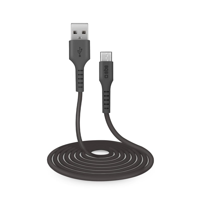 Schwarzes USB-zu-Micro-USB-Kabel, auf einer weißen Oberfläche aufgerollt.