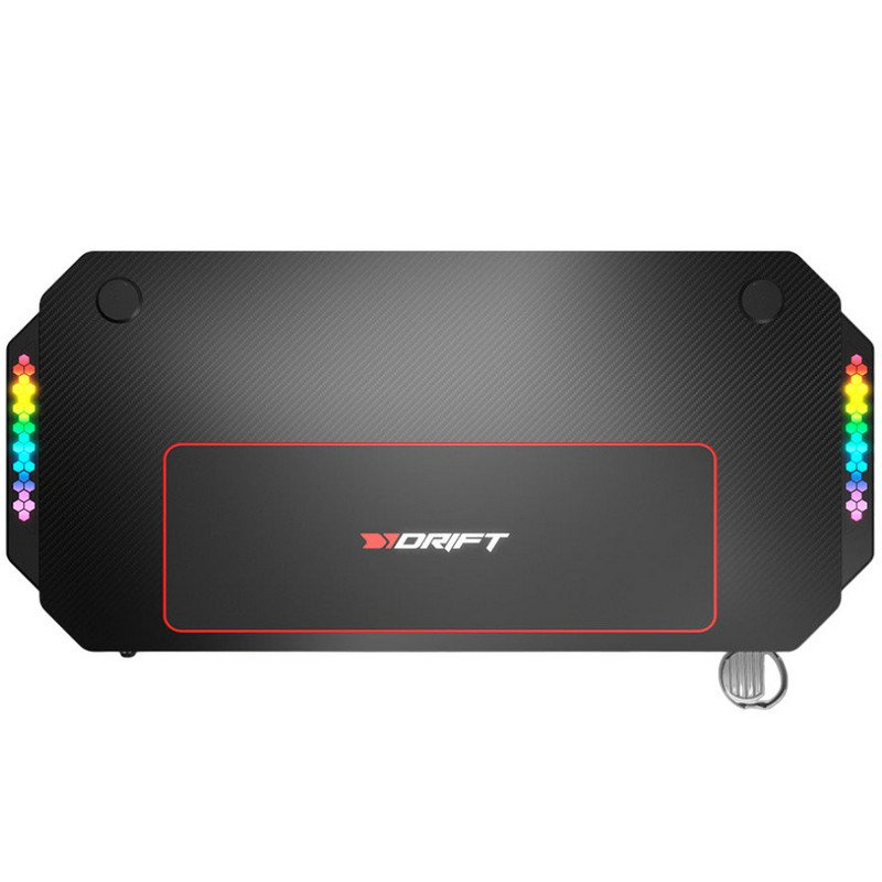 Un escritorio de juegos negro con luces laterales y el logotipo de Drift en el centro.