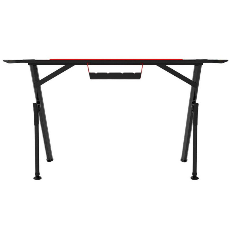 Una mesa de juego negra con detalles en rojo, con un estante debajo, vacío.