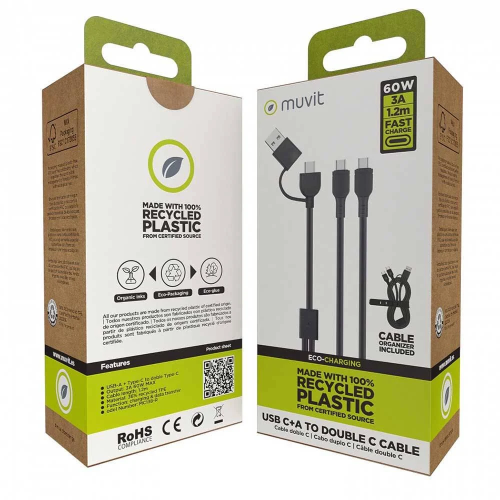 Embalaje del cable de carga Muvit. Marca de plástico reciclado, detalles del cable e info del producto.