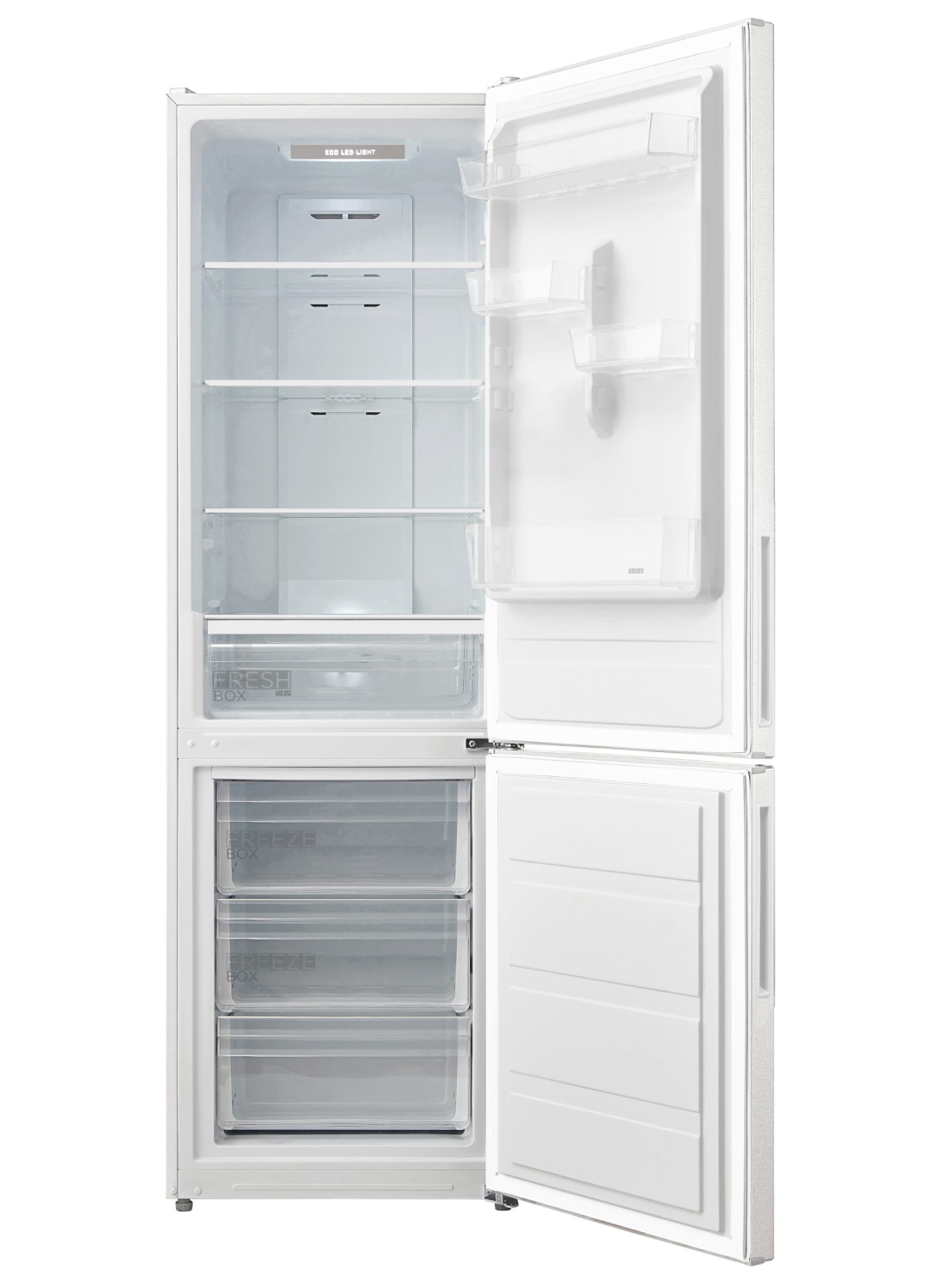 Un refrigerador blanco con la puerta abierta, que revela estantes, cajones y una caja de alimentos frescos y congelados.