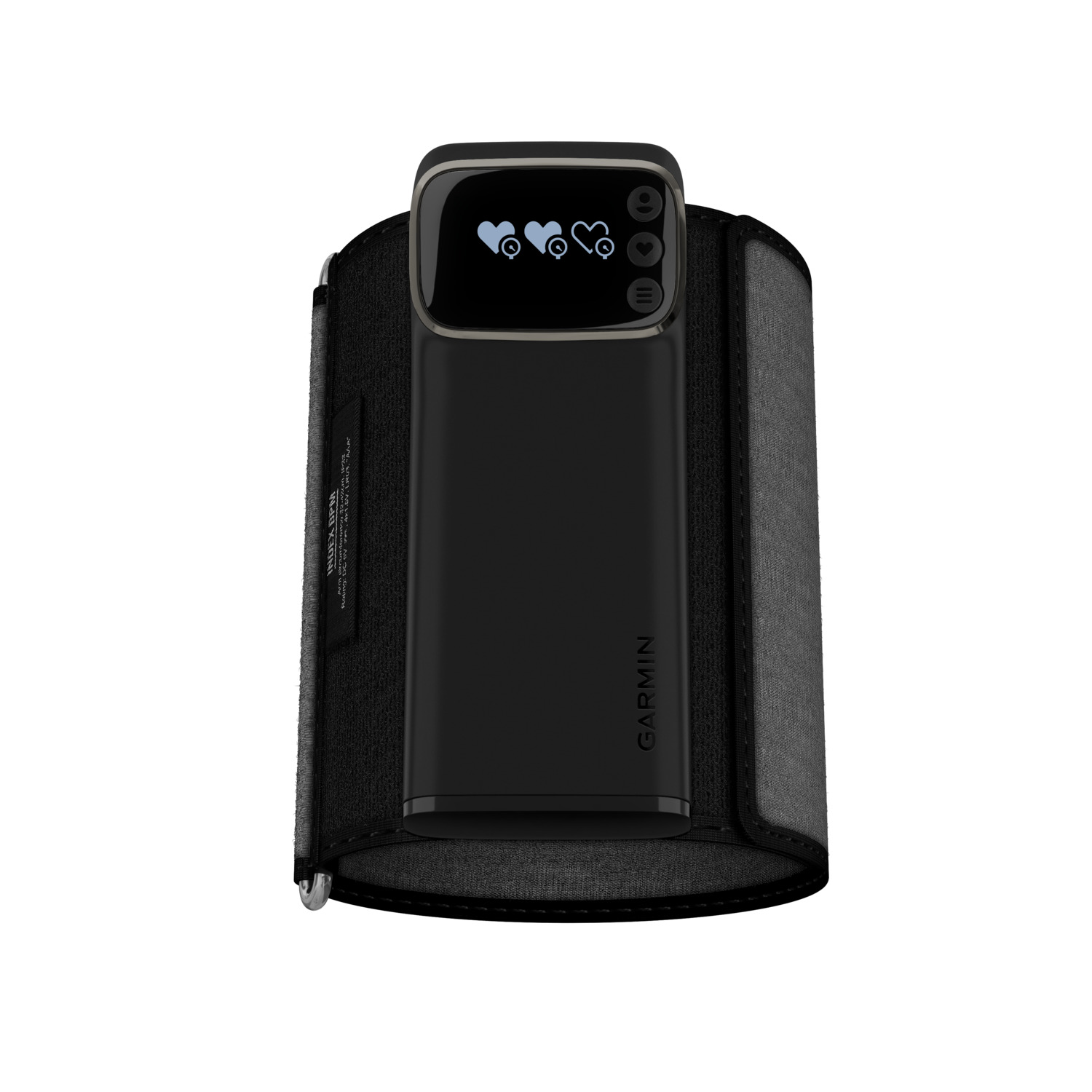 Garmin blood pressure monitor, black and gray, wrapped around a wrist. Digital display shows heart icons.