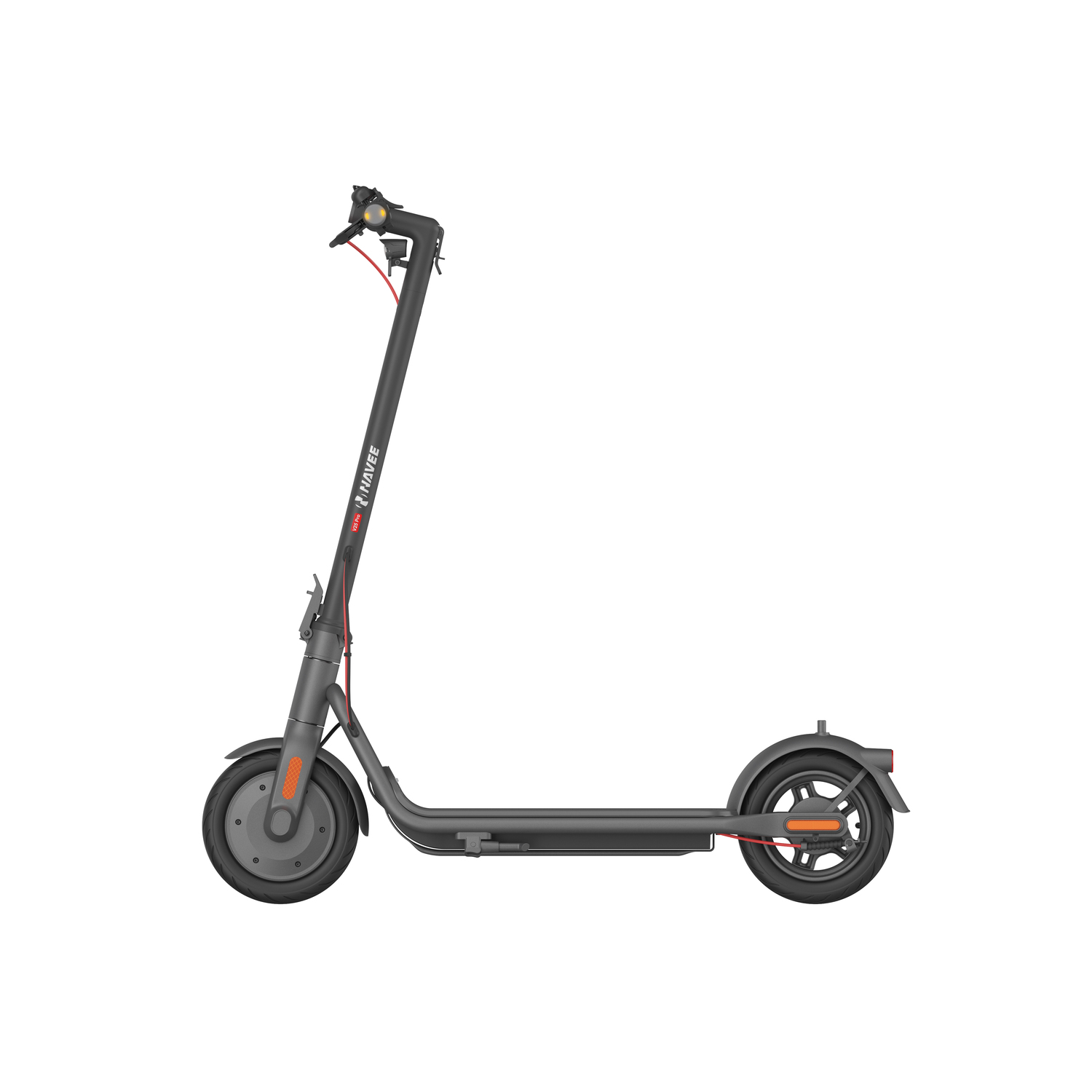 A black and gray electric scooter isolated on a white background. It has a red cable and orange accents.