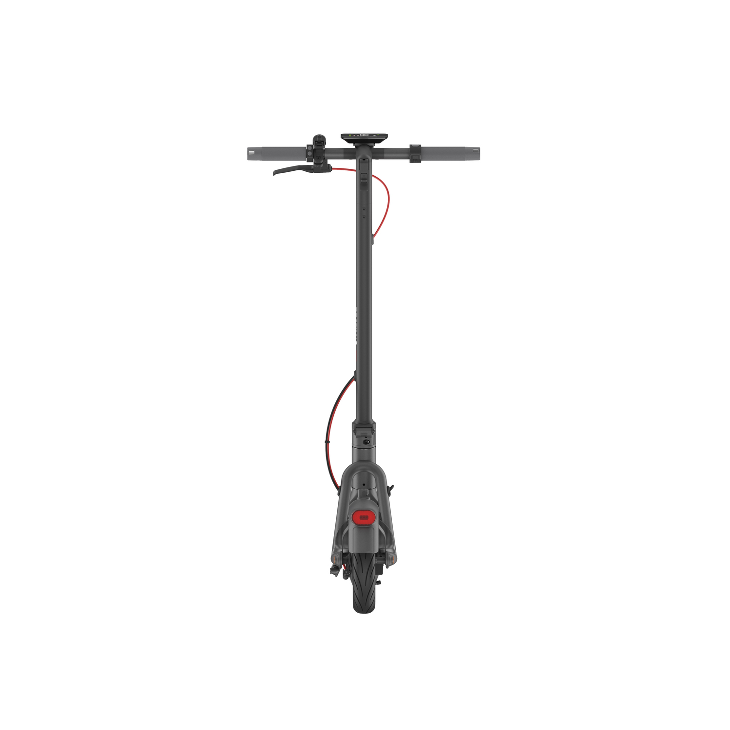 Black electric scooter from a rear perspective, showing tail light, rear wheel, and handlebars.