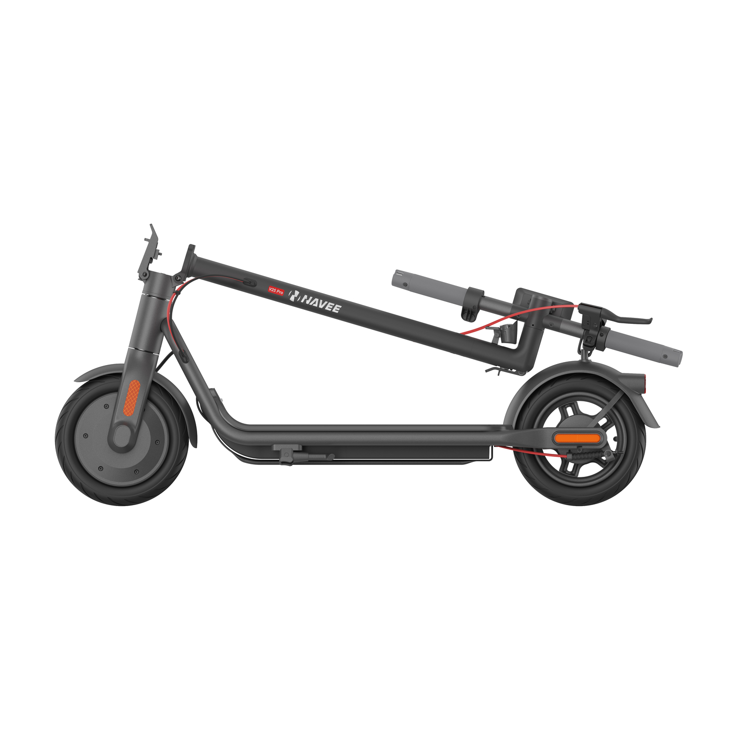 Black Navee electric scooter, folded, on a white background. The handlebar is folded down, showing red brake cables.