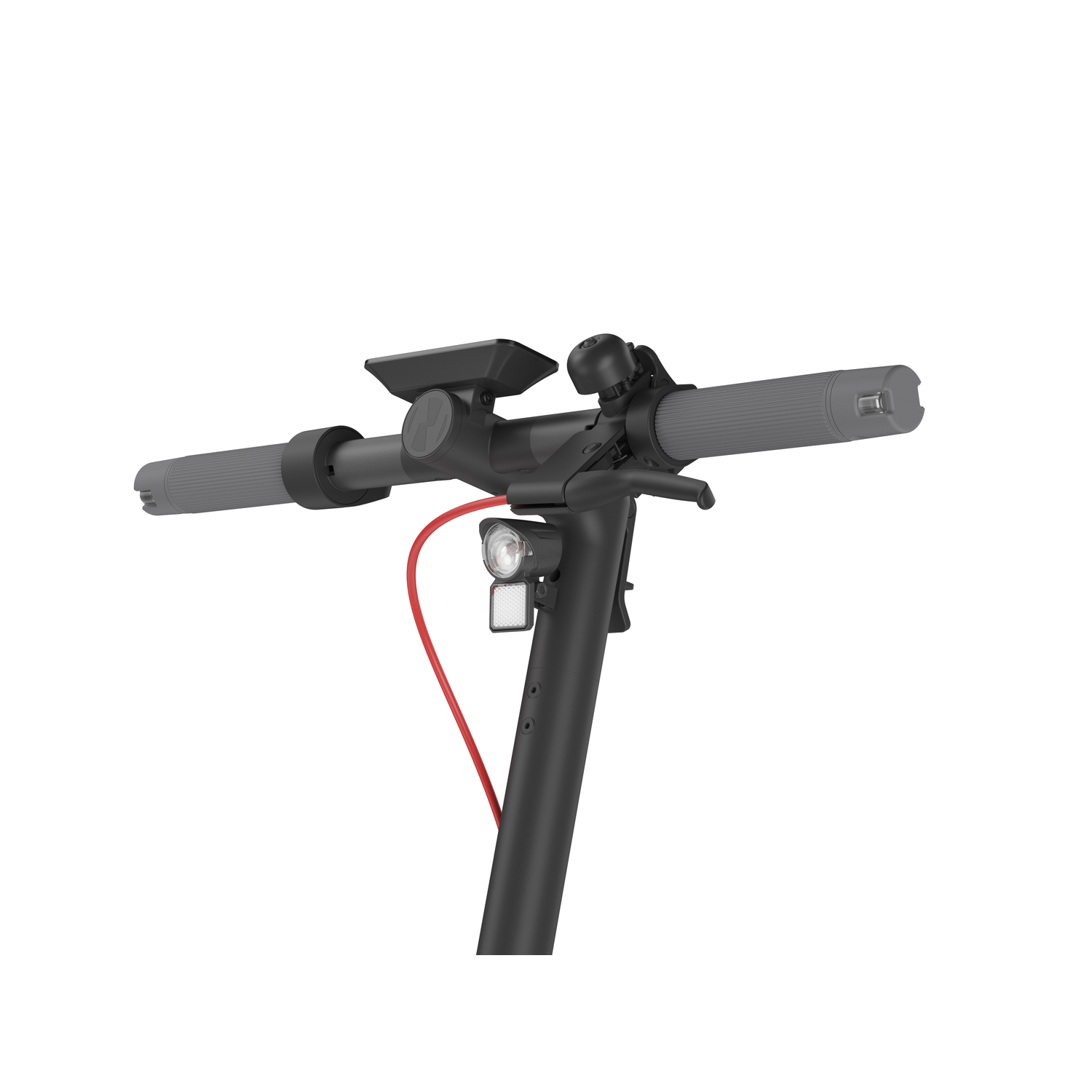 Handlebar of a scooter with a light and a display. The handlebar is gray and black. The light is white.