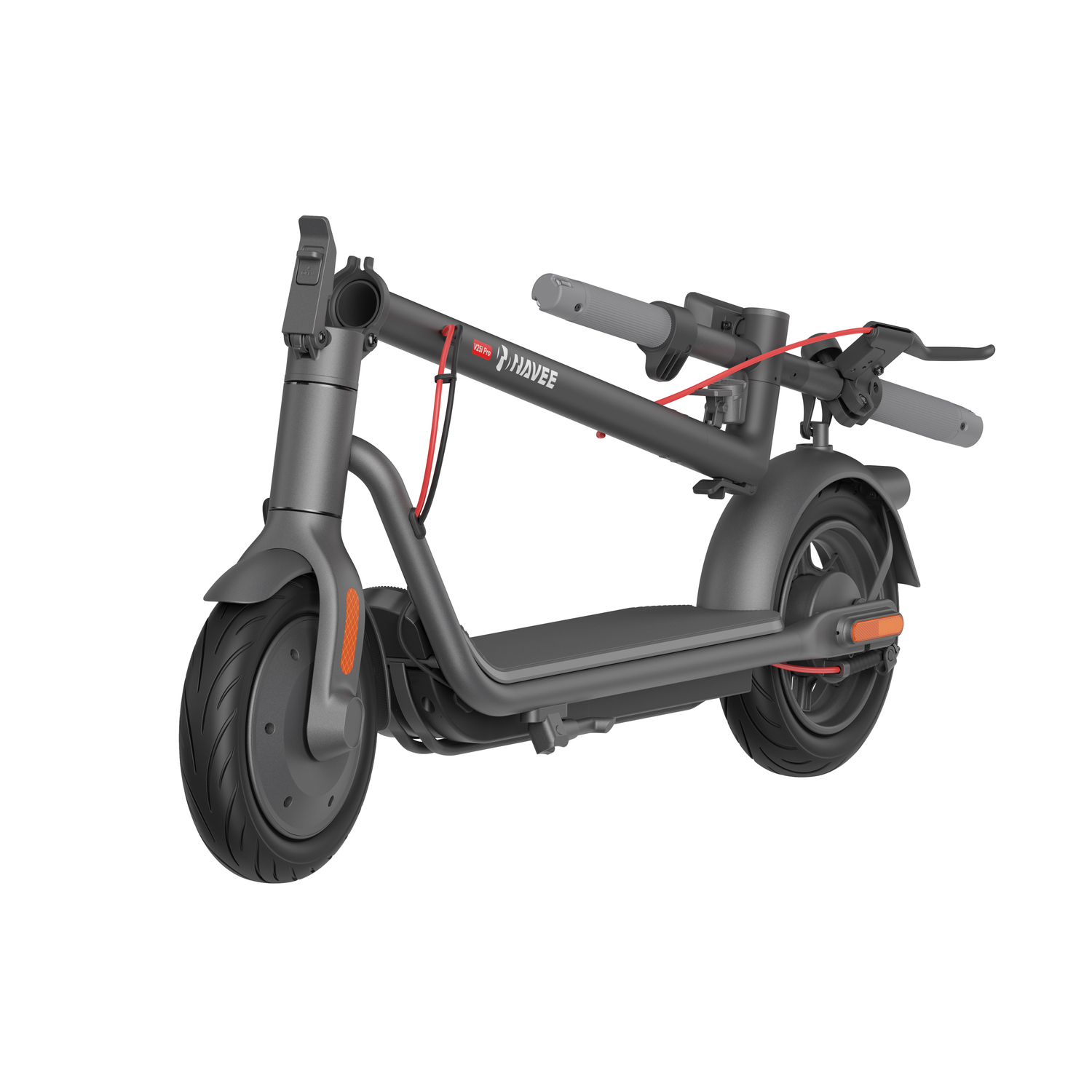Gray Navee electric scooter on a white background. Red cable visible. Handlebars, wheels, and deck present.