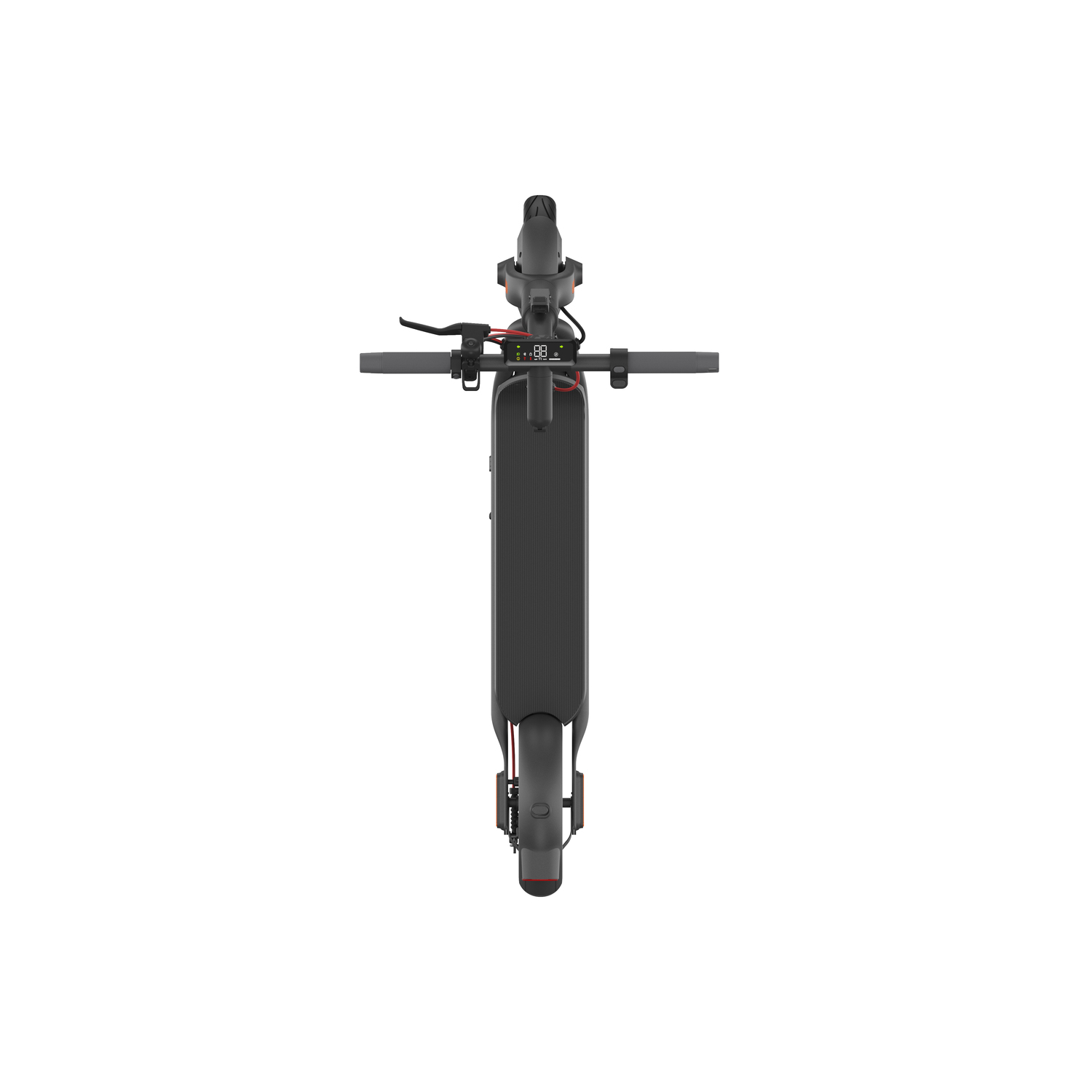 Black electric scooter on a white surface, seen from above.