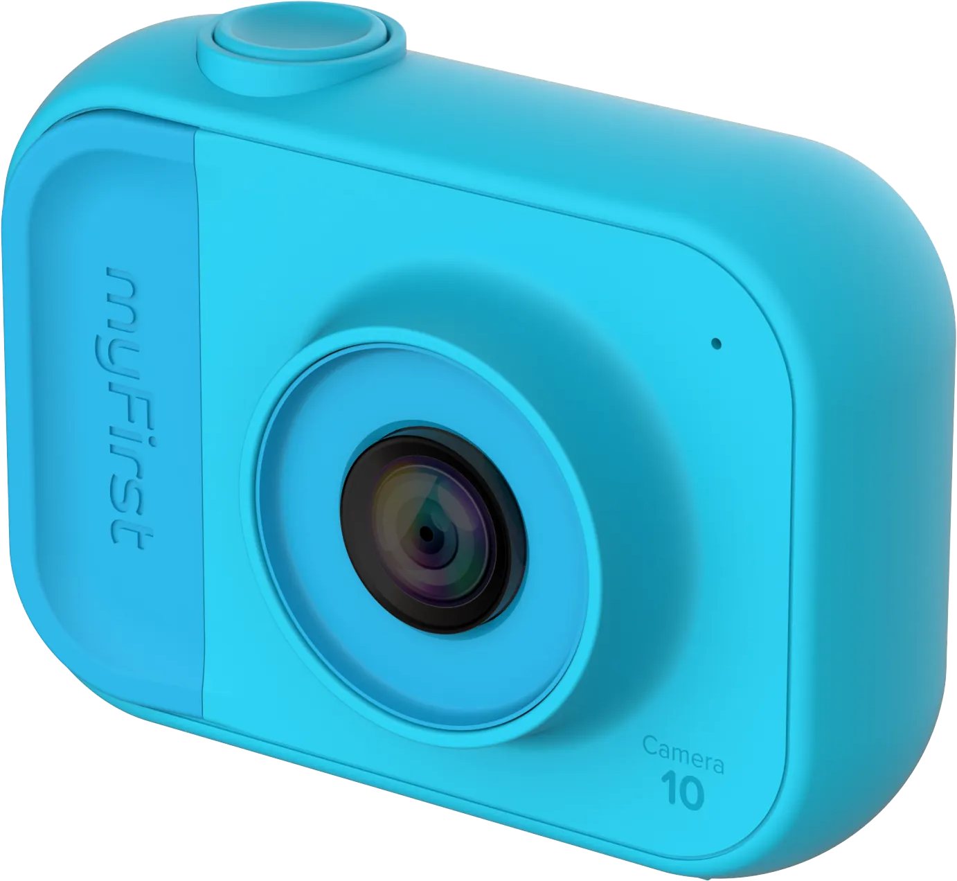 Eine blaue myFirst Kamera. Sie hat ein Objektiv, einen Einschaltknopf und das Wort myFirst.