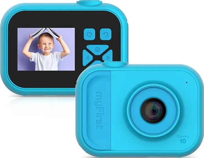 Blaue Kinderkamera, zeigt einen Jungen und einen Bildschirm mit Knöpfen.