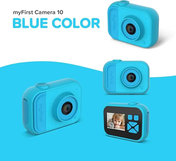 Vier blaue myFirst Camera 10 Spielzeugkameras. Drei in verschiedenen Positionen, eine zeigt Bild.