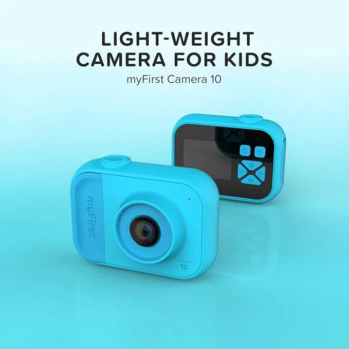 Zwei hellblaue Kinderkameras mit dem Text 'myFirst Camera 10' und Produktdetails.