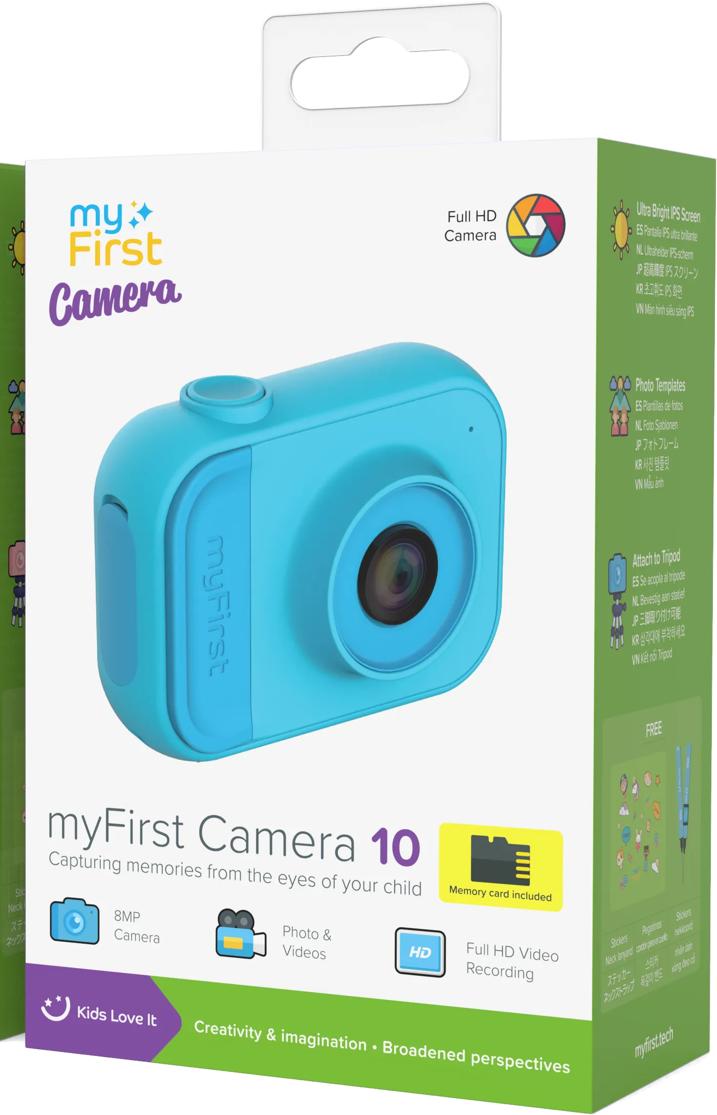 Box für eine blaue myFirst Camera 10, mit Bildern und Text auf weißem Hintergrund.