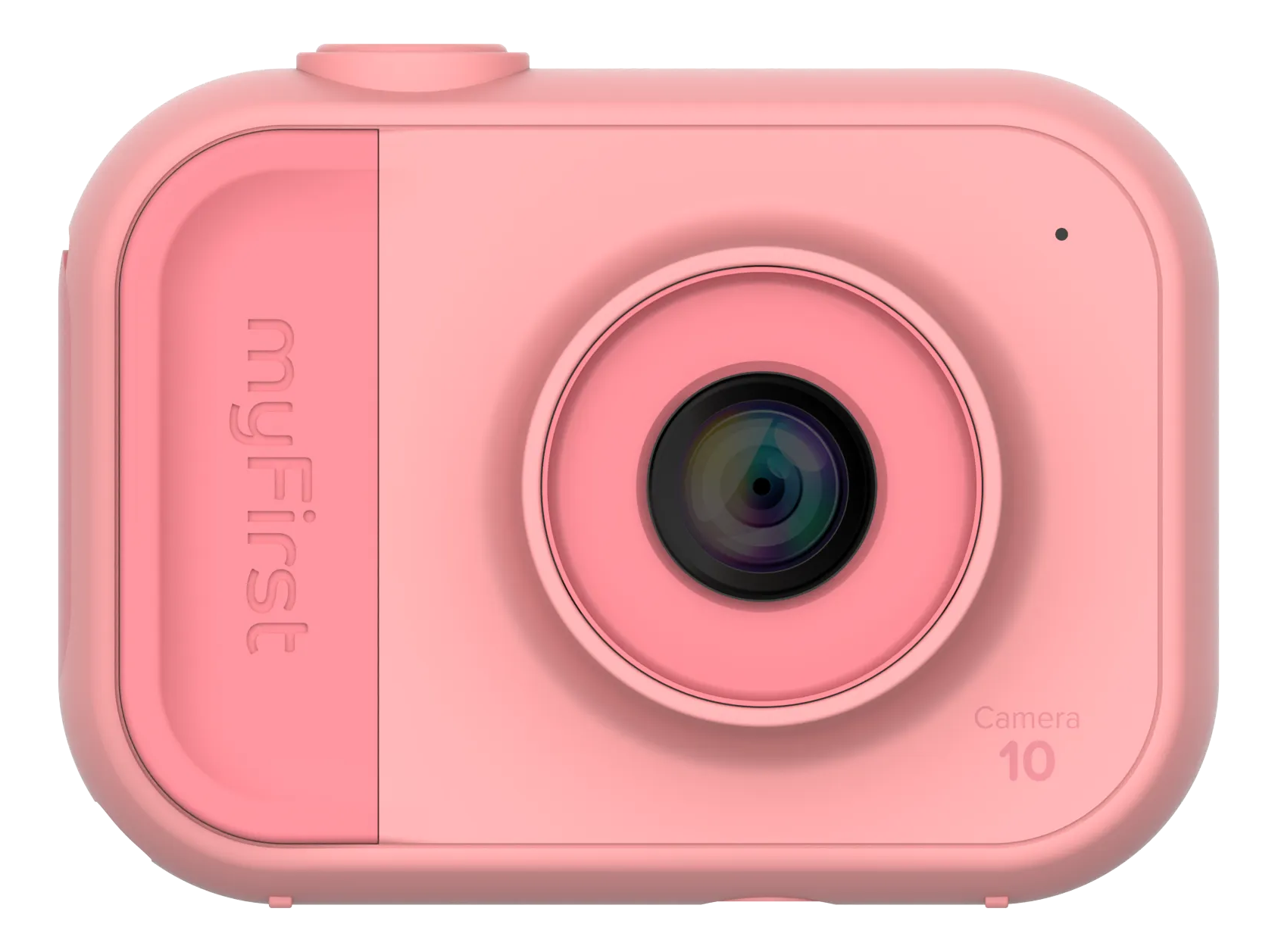 Appareil photo rose myFirst. Il a un grand objectif rose et un corps rose. La marque est visible.