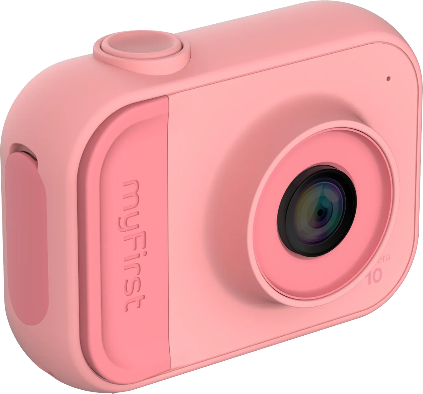 Appareil photo numérique rose, conçu pour les enfants, avec un grand objectif et des commandes simples.