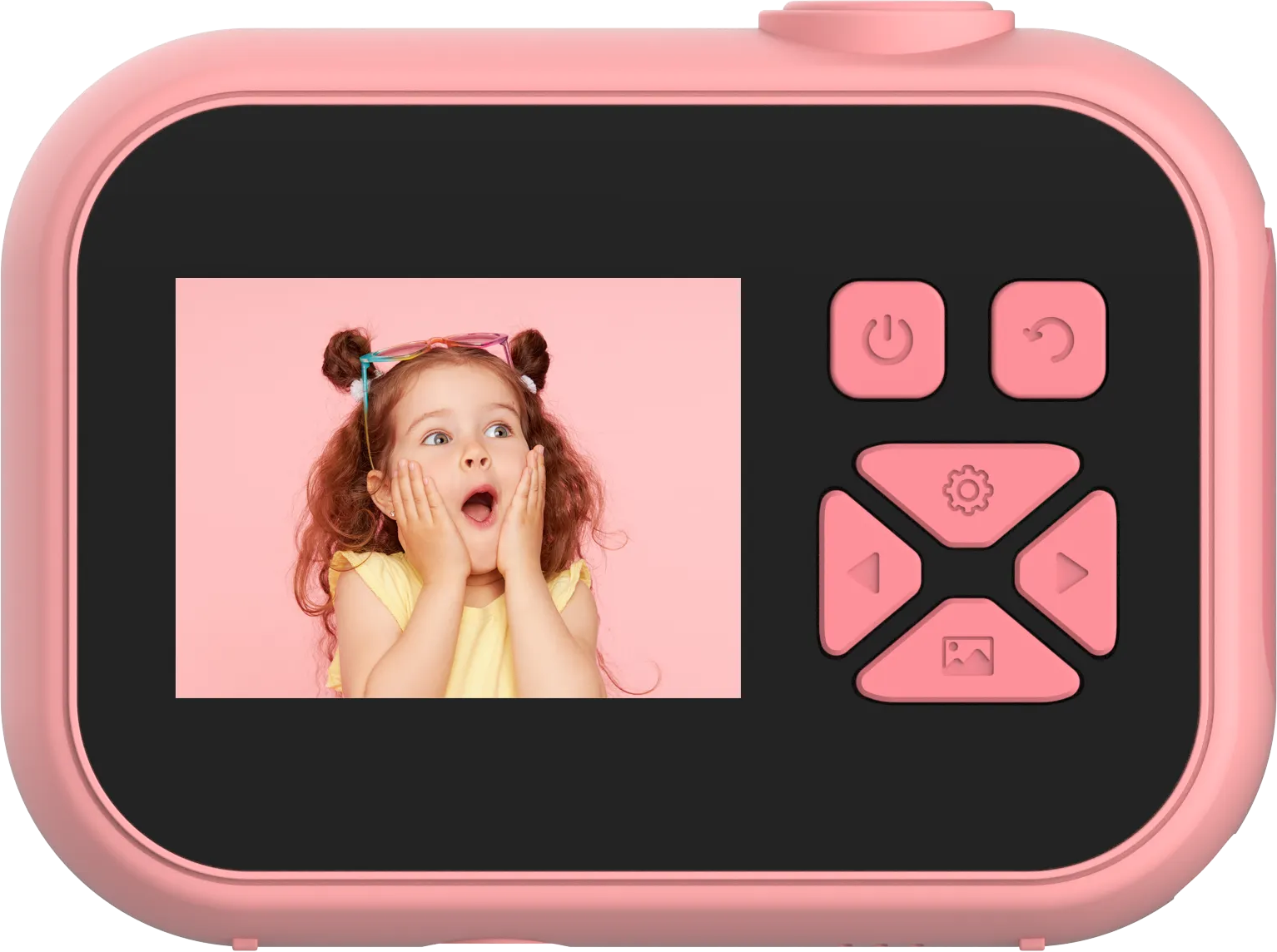 Appareil photo numérique rose montrant une fille surprise sur son écran.