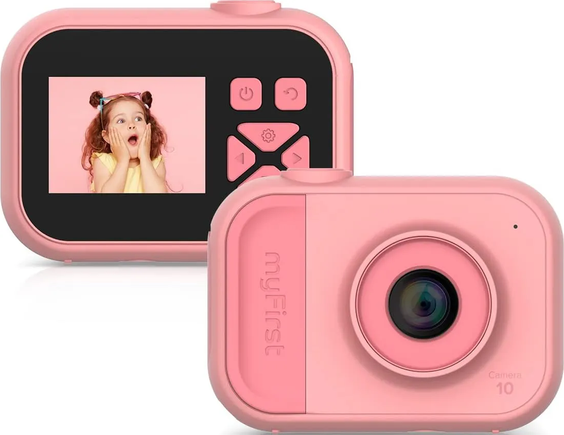 Appareil photo rose pour enfants, avec photo d'enfant sur l'écran. Vues avant et arrière. Corps rose.