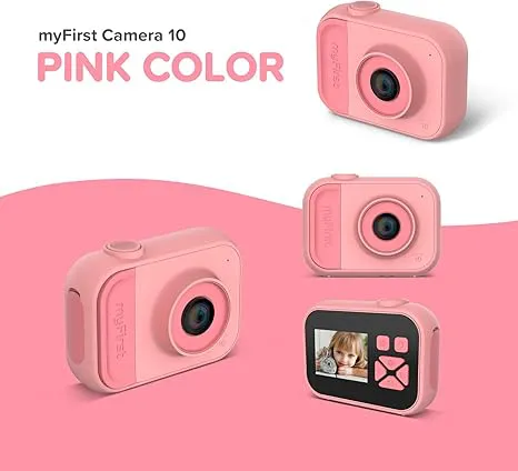 myFirst Camera 10 rose. Vues multiples de l'appareil photo sur fond rose.